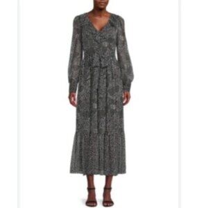 Karl Lagerfeld Paris Black & White Print Belted Maxi Dress